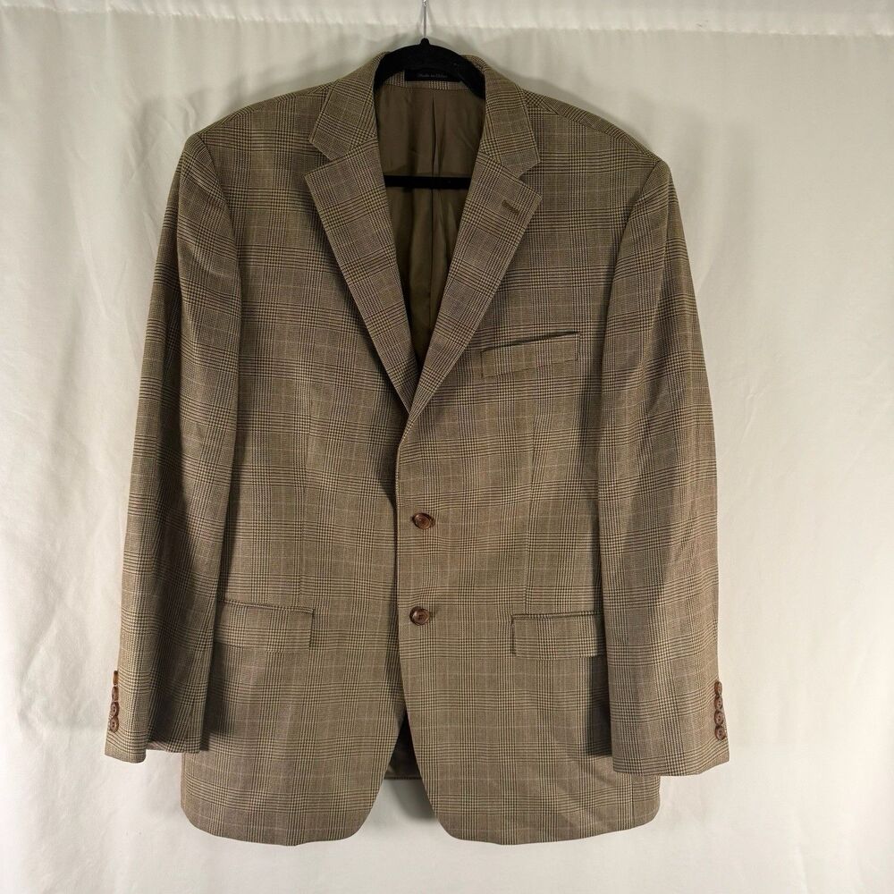 Lauren Ralph Lauren Silk Wool Blazer Men's 44R Beige Plaid 2 Button Front Pocket